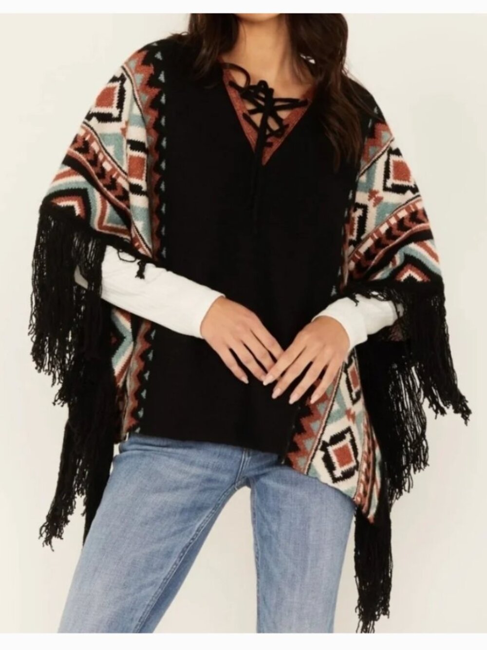 Idyllwind by Miranda Lambert Alma Southwestern Poncho Sweater Black M